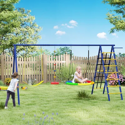 Produktbild von Kinderschaukel-Set 6-in-1 mit Basketballkorb und Kletternetz, Schaukelset Stahl, Mehrfarbig | 350x183x200 cm | bis 160 kg | 3–8 Jahre
