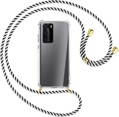 Produktbild von Handykette Backcover-Schutzhülle mit Band (Metall goldfarben) für Huawei P40 - schwarz/weiß gestreift