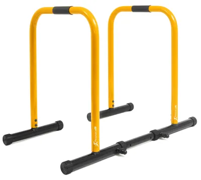 Image de Barre de dips réglable - Station de dips - Capacité de charge : 400 lbs - Acier - Jaune - Équipement de fitness pour la maison