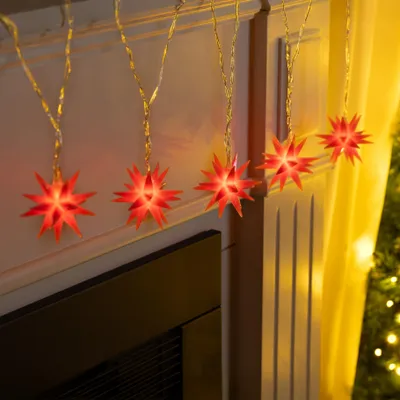 Produktbild von LED Lichterkette Sterne rot 5 warm weiße LEDs 6 cm Ø Timer