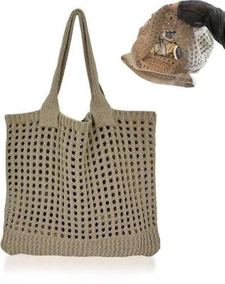 Immagine prodotto di Borsa in rete di cotone intrecciato, realizzata a mano, color kaki – 41x58 cm, manico da 22 cm, borsa traspirante, ideale per la spalla, la spiaggia e lo shopping