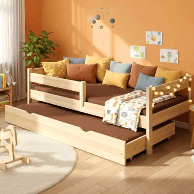 Produktbild von MEBLE WRÓBEL Kinderbett 90x180 cm mit Auszugbett, Rausfallschutz & Lattenrost - Kinder Bett Montessori - Jugendbet aus Kiefer Massivholz - Einzelbett ohne Matratze