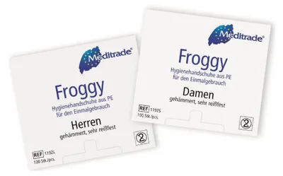 Produktbild von Meditrade Froggy Hygienehandschuhe aus PE - 100 Stück - Herrengröße | Packung (100 Stück)
