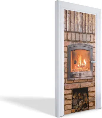 Produktbild von Türdeko Aufkleber Selbstklebende Wandsticker Personalisiert - Kamin mit Holz - 85 x 205 cm