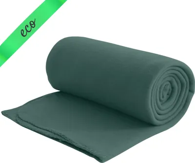 A rolled-up dark green fleece blanket is shown on a white background with a green ribbon overlay in the top left corner that says 'eco'.