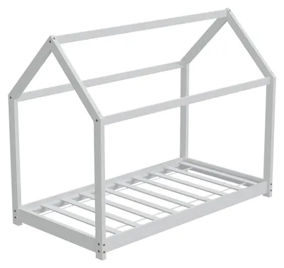 Produktbild von HAGO24 Kinderbett 80x160cm Weiß Kinderhaus Bett Kiefernholz Hausoptik Dach Bodentiefer Einstieg Montessori Lattenrost Spielbett