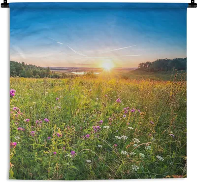 Produktbild von MuchoWow® Wandteppich Wandbehang Sonne - Gras - Blumen 150x150 cm Tapisserie Dekoration Wandtuch - Wohnaccessoires - Modernes