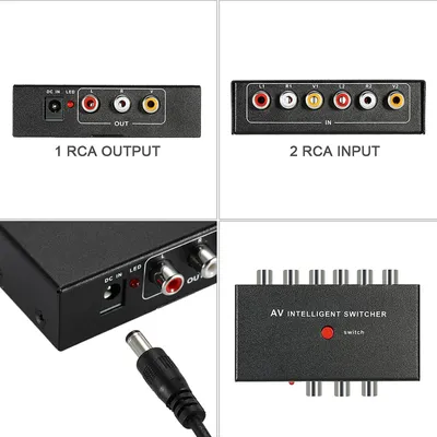 Zdjęcie produktu dla Przenośny inteligentny przełącznik AV 2 na 1 kanał RCA audio-wideo z przyciskami sterującymi, obsługujący tryb automatyczny/ręczny dla kamer DVD, monitorów samochodowych DVR