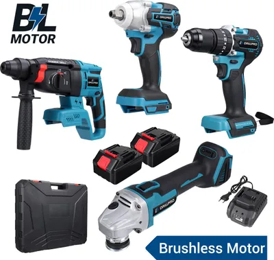 Produktbild von 4-tlg. Akku-Werkzeugset mit Winkelschleifer, Schlagbohrmaschine, Schlagschrauber, bürstenlosem Motor inkl. Akku & Ladegerät - Power Tools Kit