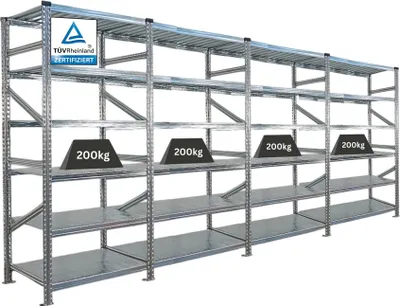Produktbild von Fachbodenregal PROXIMO mit  Stecksystem | Komplettregal | HxBxT 210x360x60cm | 6 Ebenen | Beidseitig nutzbar | Verzinkt