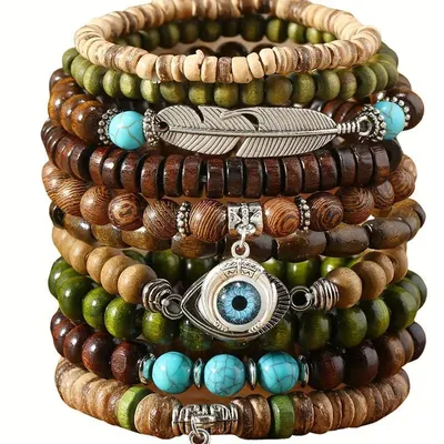 Produktbild von 10er Set Armband aus Holzperlen – elastisch, Uni, Naturfarben, Boho Stil – Damen & Herren Schmuck