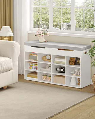 Imagen del producto de Banco para guardar zapatos con 12 compartimentos - Blanco - Capacidad de carga de 150 kg - Fabricado en aglomerado - Ideal para muebles de salón