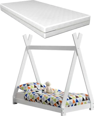 Produktbild von [en.casa] Kinderbett Weiß mit Matratze 70x140cm Tipi-Design Kiefernholz Bett Holzbett Hausbett Kaltschaummatratze  Standard 100 Allergikergeeignet Atmungsaktiv