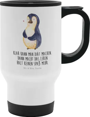 Produktbild von Mr. & Mrs. Panda To-Go-Becher Pinguin Diät - Weiß - Geschenk, Kaffeebecher To Go, Abnehmen, Gewicht, thermosbecher, Kaffee-Thermobecher, Becher, Thermobecher, Groß