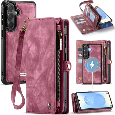 Produktbild von Schutzhülle für Samsung Galaxy S26, Vintage Multifunktions Lederhülle, Kartenfächer, Reißverschluss Hülle Rot