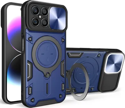 Produktbild von Handyhülle für Honor X8 4G Dual-Layer Stoßfest Rüstung Hülle mit Dia Kameraschutz und Kreisförmig Ring Ständer Blau