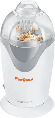 A white and gray popcorn maker with popcorn inside, shown from the front.