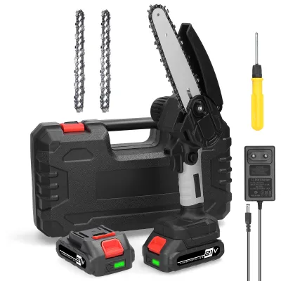 Produktbild von Mini Kettensäge, 6 Zoll 21V Elektro-Kettensäge mit 2x Batterie 2x Kette 1x Führungsplatte 1x Ladegerät und 1x Aufbewahrungsbox, Tragbare Handgeführte Akku Kettensäge