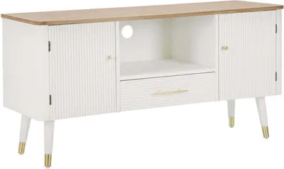 Image de Meuble Tv Matera, 117 X 40 X 60 Cm, En Frêne Et Pin, Blanc Et Marron, Avec Portes, Tiroir Et Détails Dorés - Style Bohème Chic