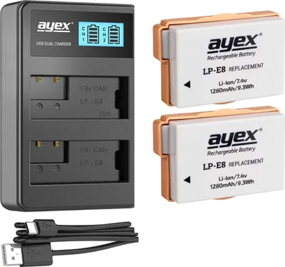 Produktbild von ayex Power Set mit 2x LP-E8 Akku für Canon + 1x USB Dual Ladegerät zB Canon EOS 700D 650D 600D 550D