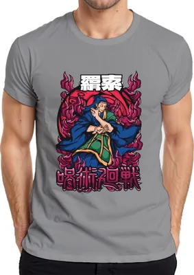 Zdjęcie produktu dla 呪術廻戦 Koszulka męska Anime Flames Magician Japanese Manga Anime Aesthetics Gift, szary, XL