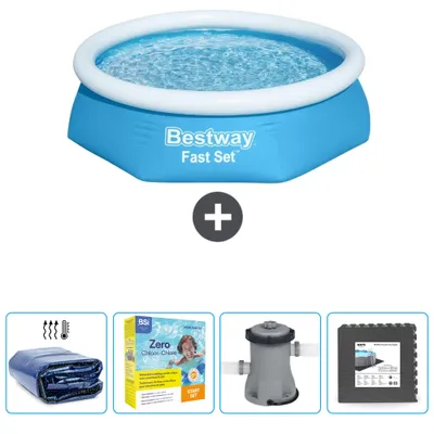 Produktbild von Bestway runder aufblasbarer Fast-Set-Pool – 244 x 61 cm – Blau – im Lieferumfang enthalten Sonnensegel - Wartungspaket - Pumpe - Bodenfliesen