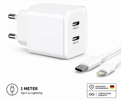 Produktbild von USB-C Ladegerät mit 2 USB-C Anschlüssen Netzteil Universal – Weiß / Lightning 1 Meter