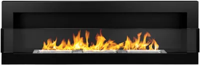 A modern black ethanol fireplace with visible flames behind a glass panel.