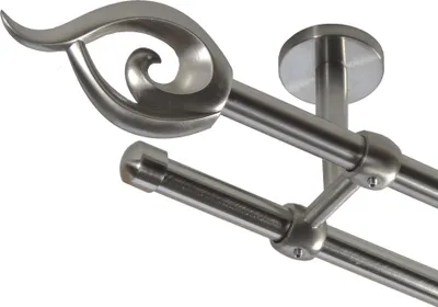 Produktbild von Gardinenstange Set Edelstahl Look Metall Ø 16mm Deckenbefestigung 2-lauf Flamme, Länge wählbar D21 E24 E17