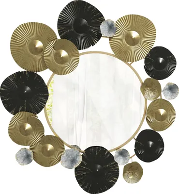 Image de Miroir mural - Décoration murale en métal - 84 x 84 cm - Pour le salon, la chambre, l'entrée - Cadre métallique - Or et noir