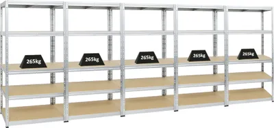 Produktbild von Mega Deal | 5x Schwerlastregal Tiger | HxBxT 180x90x60 cm | Fachlast 265kg | Verzinkt
