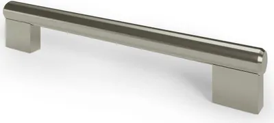 A metal cabinet handle on a white background.