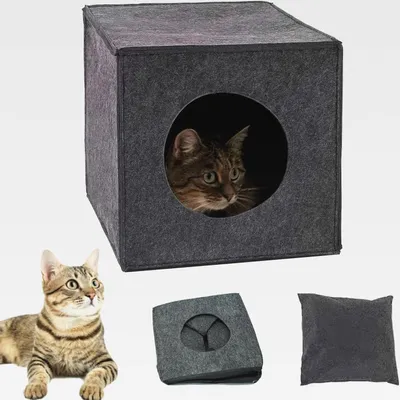 Produktbild von Katzenhöhle aus Filz mit Kissen Faltbare Kuschelhöhle für Katzen Katzenbox Regalhöhle Katzen Katzenhaus Filzhöhle für Katze kleine Hunde Katzenkorb, 33x37x33 cm (Dunkelgrau)