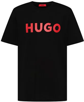 A black t-shirt with a red Hugo Boss logo on the front.