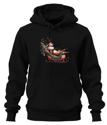Produktbild von Faules Rentier im Schlitten Weihnachten lustig Geschenk Hoodie Kapuzenpullover, Schwarz, 3XL