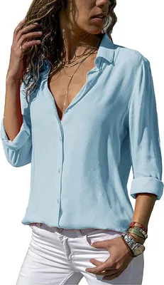 Produktbild von ASKSA Damen Bluse Chiffon Elegant Langarm Oberteile Einfarbig V-Ausschnitt Lose Hemdbluse, Hellblau, M