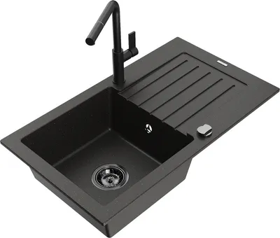 Produktbild von Mexen Pablo 1 Becken-Granitspüle mit Abtropffläche und Mischbatterie Flora, Schwarz/Gold metallisch - 6510-75-670401-70-B