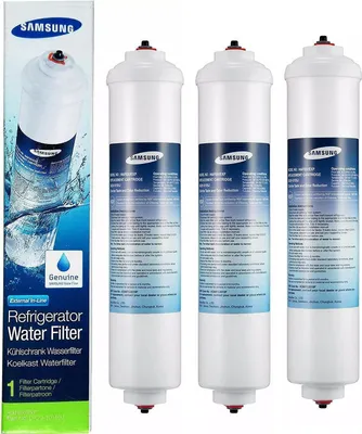 A box of Samsung refrigerator water filters is shown next to three individual filters.