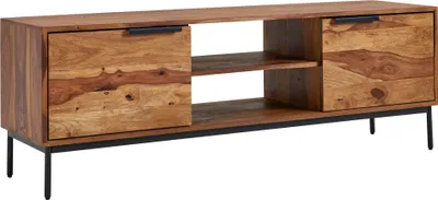 Produktbild von WOHNLING Lowboard Sheesham Massivholz 147x51x38 cm TV-Kommode mit zwei Türen, Design TV-Schrank Hoch, Fernsehtisch Fernsehschrank Modern, Fernsehkommode Wohnzimmer