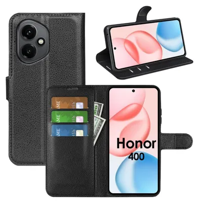 A collage of images showing a black flip cover wallet case for a Honor 400 phone, with cards and cash inserted.
