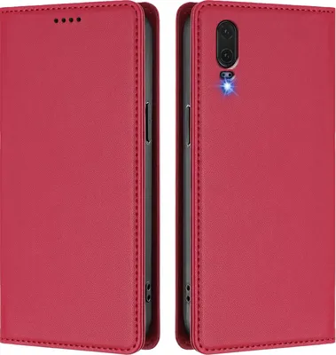 Image de Étui en cuir pour Huawei P20, étui à rabat magnétique en cuirPolyuréthaneavec support, rouge
