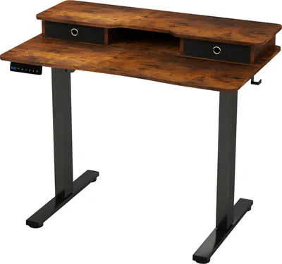 A standing desk with a wooden top and black legs, shown against a white background.