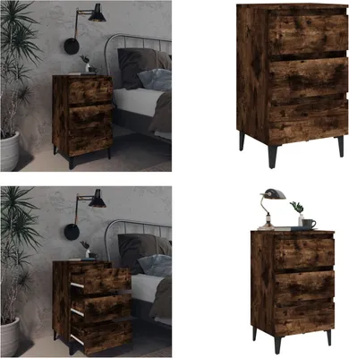 Image de vidaXL Table de nuit avec pieds en métal chêne fumé 40x35x69 cm - Table de nuit - Tables de chevet - Table de nuit - Table d'appoint