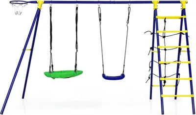 Zdjęcie produktu dla Zestaw huśtawek dla dzieci – 5 w 1 – podwójna huśtawka – kosz do koszykówki – siatka do wspinania – drabinka do wspinania – z ramą – do ogrodu – niebieski