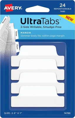 Zdjęcie produktu dla AVERY Zweckform 74789 AVERY Zweckform UltraTabs Schmal Haftmarker weiß 24 Blatt