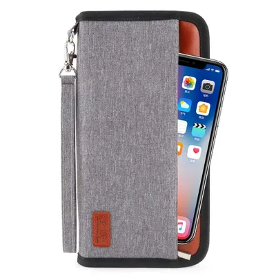 Produktbild von Reisepass Tasche Reisedokumententasche Reisemappe Reisebrieftasche Ausweistasche Dokumente Organizer + 2 Passport Hülle+5 RFID-Blocker Kreditkarte Etui für Damen und Herren (Grau, 25x13cm)