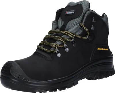 A black work boot with yellow laces and gray accents.