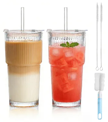 Imagen del producto de Elzusha - Juego de 2 vasos de vidrio transparente con tapa y pajita