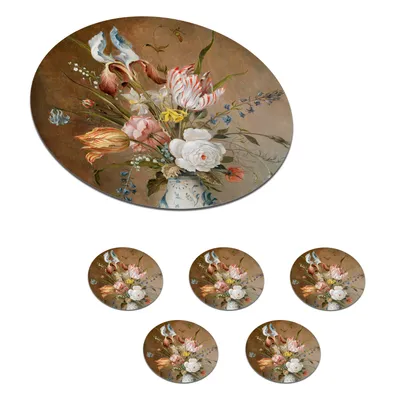 Produktbild von KitchenYeah® Glasuntersetzer Rund 6er Set Stilleben mit Blumen - Balthasar van der Ast - Malerei 10x10 cm Untersetzer für Gläser - Getränkeuntersetzer - Tischplattenschutz - Tischuntersetzer für Tass