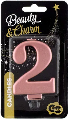 Produktbild von GoDan Beauty&Charm Geburtstagskerze Zahl 2 Größe 8 cm, Wachskerze in Metallic Rosa mit Goldschimmer, Zahlenkerze zur Dekoration von Geburtstagskuchen, Geburtstagstorte, Geburtstagszug, Jubiläum